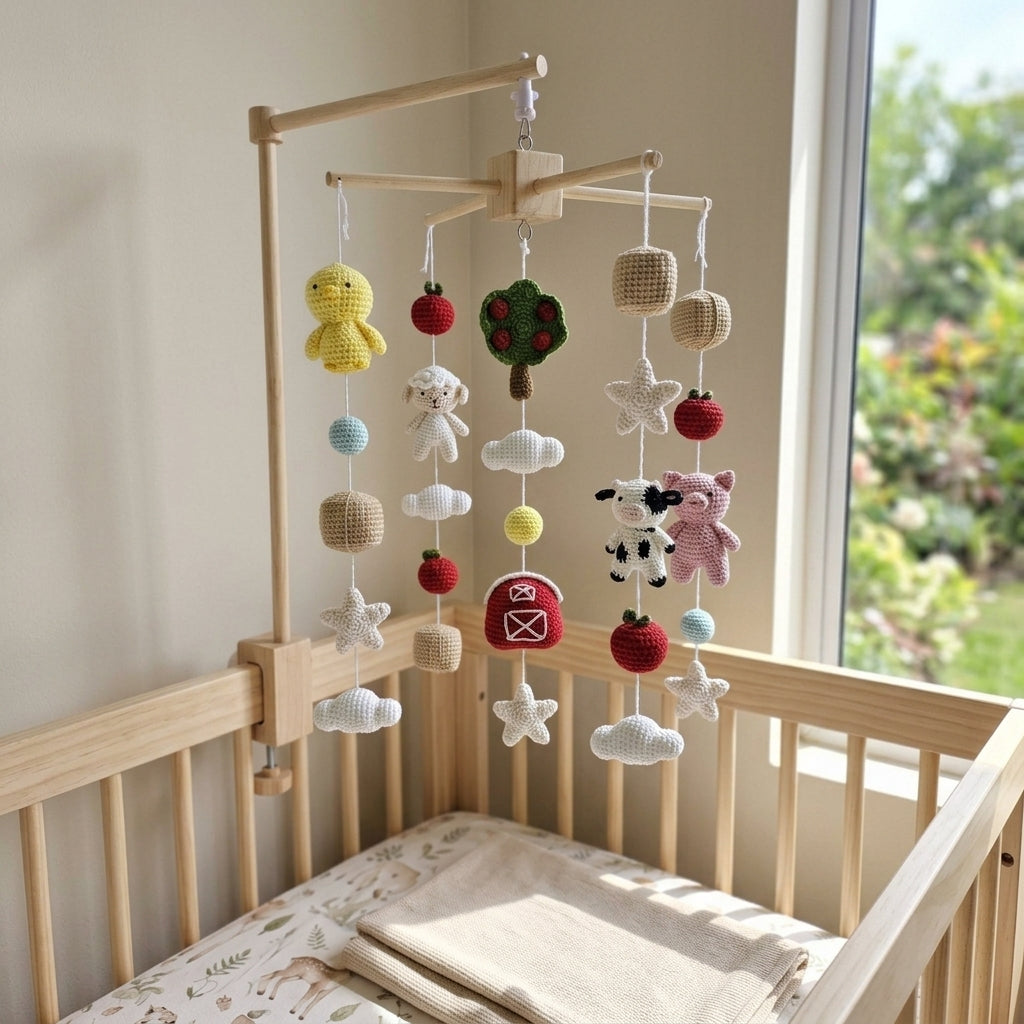Crochet Farm Baby Mobile, Cow Pig Sheep Chick Nursery Decor, Red Barn Apple Tree Crib Mobile, Baby Shower Gift, Newborn Room Decor