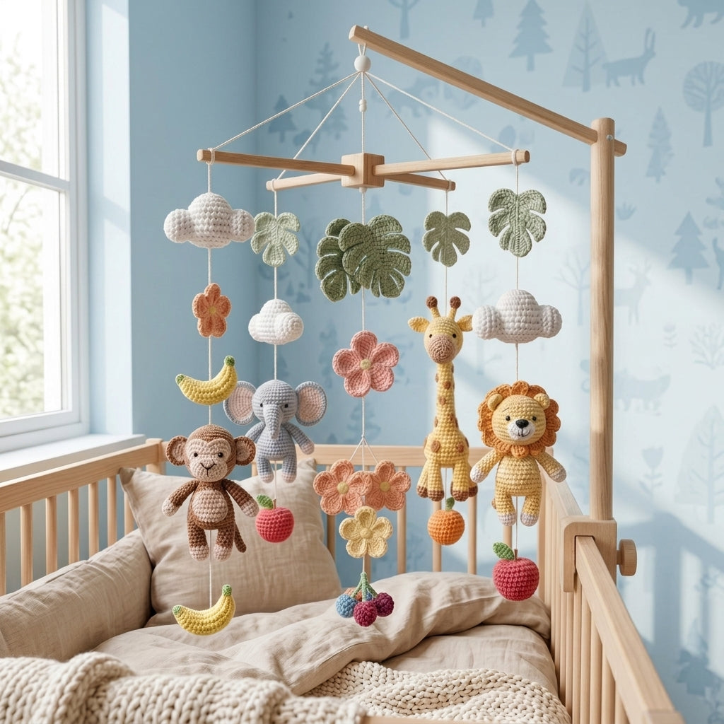 Handmade Safari Baby Mobile X Frame, Jungle Crib Mobile