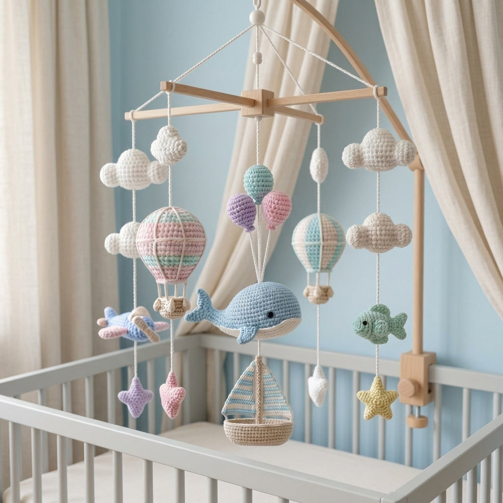 Ocean Whale Baby Mobile, Crochet Hot Air Balloon Airplane Crib Mobile