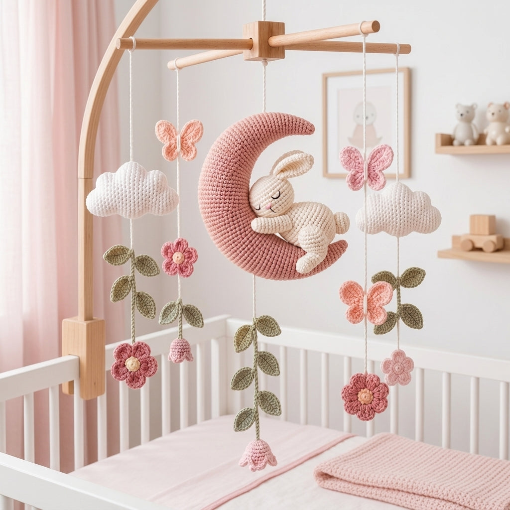 Handmade Crochet Bunny Moon Baby Mobile – Floral Nursery Decor