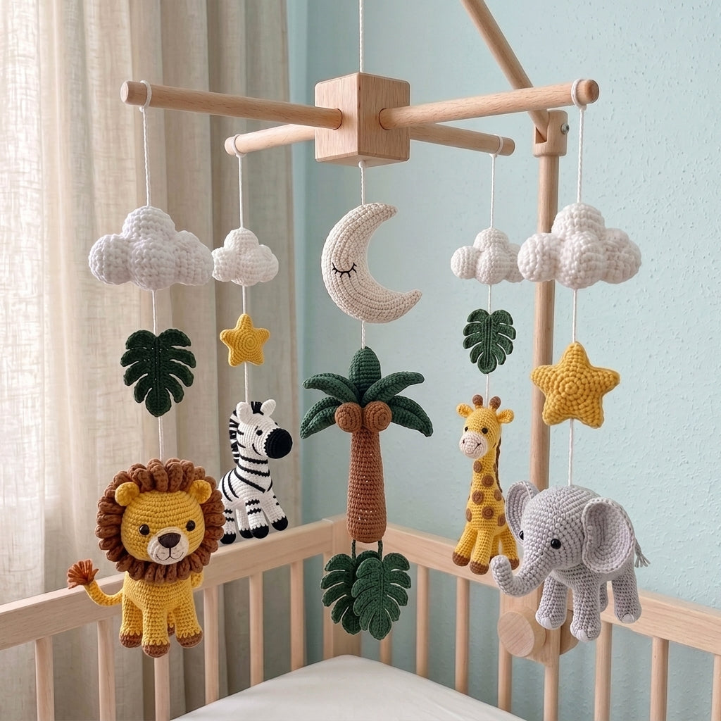 Handmade Crochet Safari Baby Mobile – Jungle Nursery Crib Decor