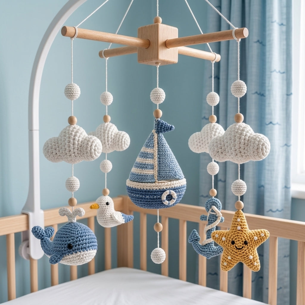 Crochet nautical baby mobile with blue sailboat, whale, seagull, anchor, starfish and soft white clouds