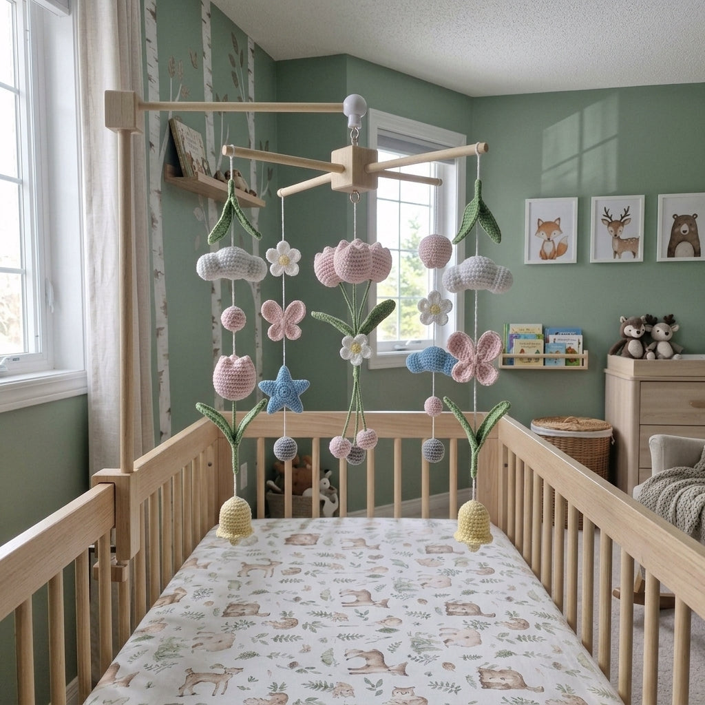 Spring Garden Crochet Crib Mobile, Handmade Floral Nursery Hanging with Tulips, Butterflies and Clouds