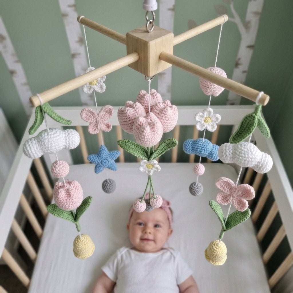 Spring Garden Crochet Crib Mobile, Handmade Floral Nursery Hanging with Tulips, Butterflies and Clouds