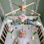 Spring Garden Crochet Crib Mobile, Handmade Floral Nursery Hanging with Tulips, Butterflies and Clouds