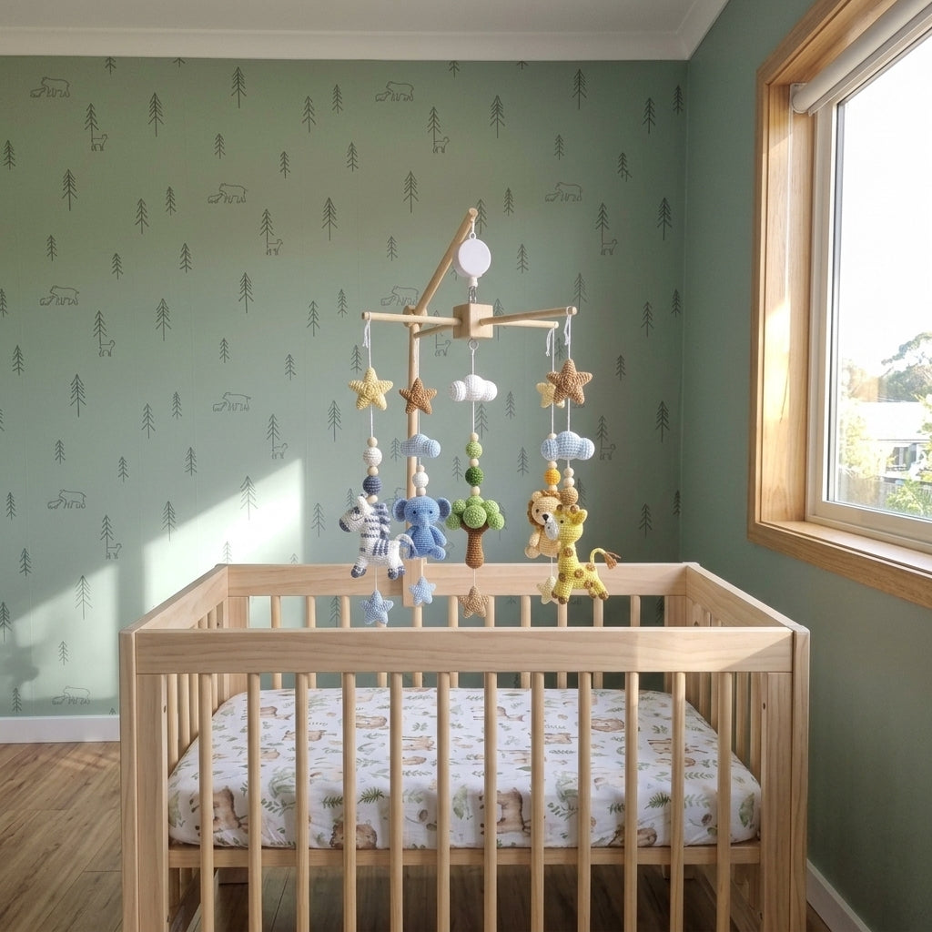 Savanna Friends Crochet Nursery Mobile, Handmade Amigurumi Crib Hanging with Tree, Clouds and Stars, Newborn Gift