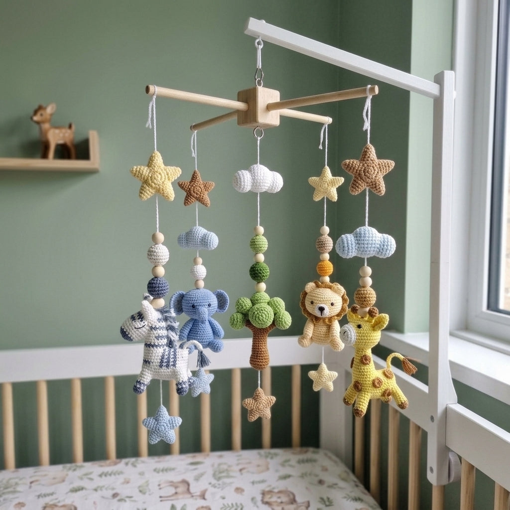 Crochet safari animal baby mobile with zebra, elephant, lion, giraffe, tree, clouds and stars