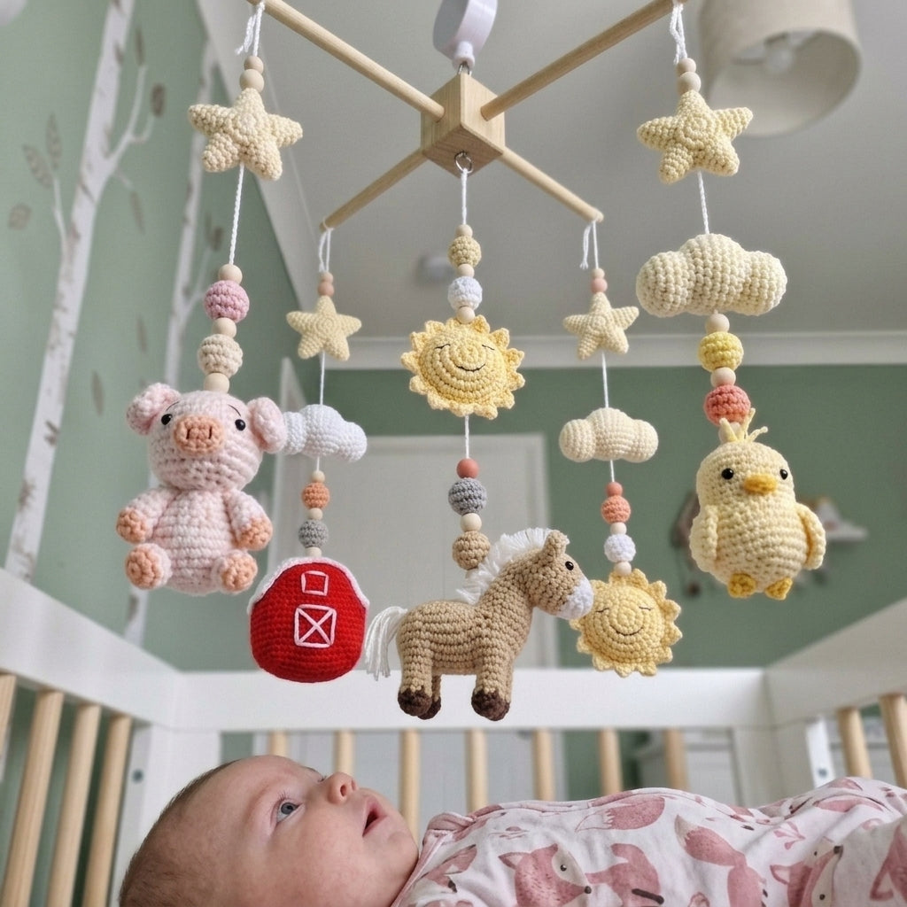 Sunny Farmyard Crochet Baby Mobile, Handmade Barnyard Crib Hanging with Horse, Pig and Chick, Nursery Gift