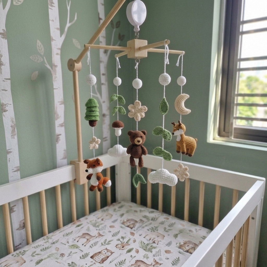 Cozy Forest Friends Crochet Baby Mobile, Handmade Woodland Crib Decor with Moon, Trees and Mushrooms