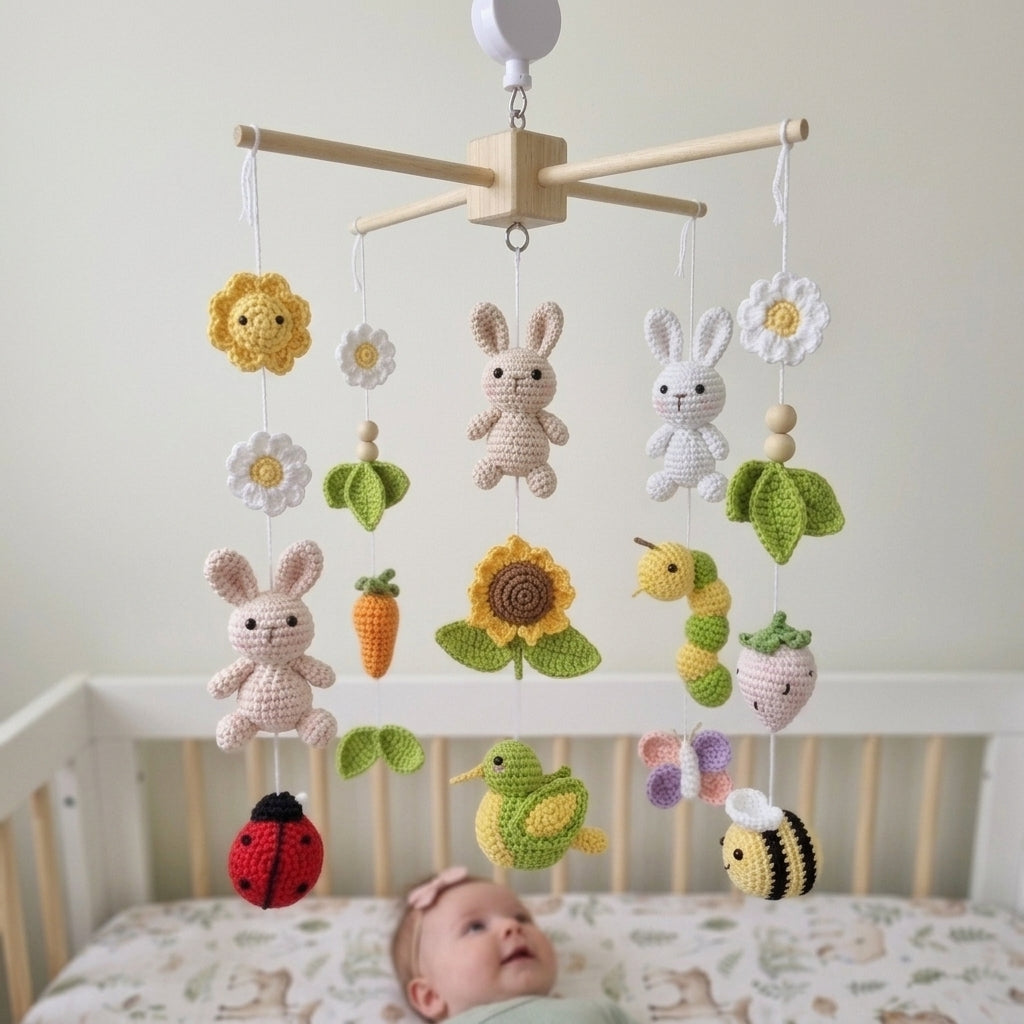 Crochet Garden Baby Mobile, Bunny Bee Ladybug Nursery Decor, Sunflower Butterfly Crib Mobile, Spring Baby Shower Gift, Newborn Decor