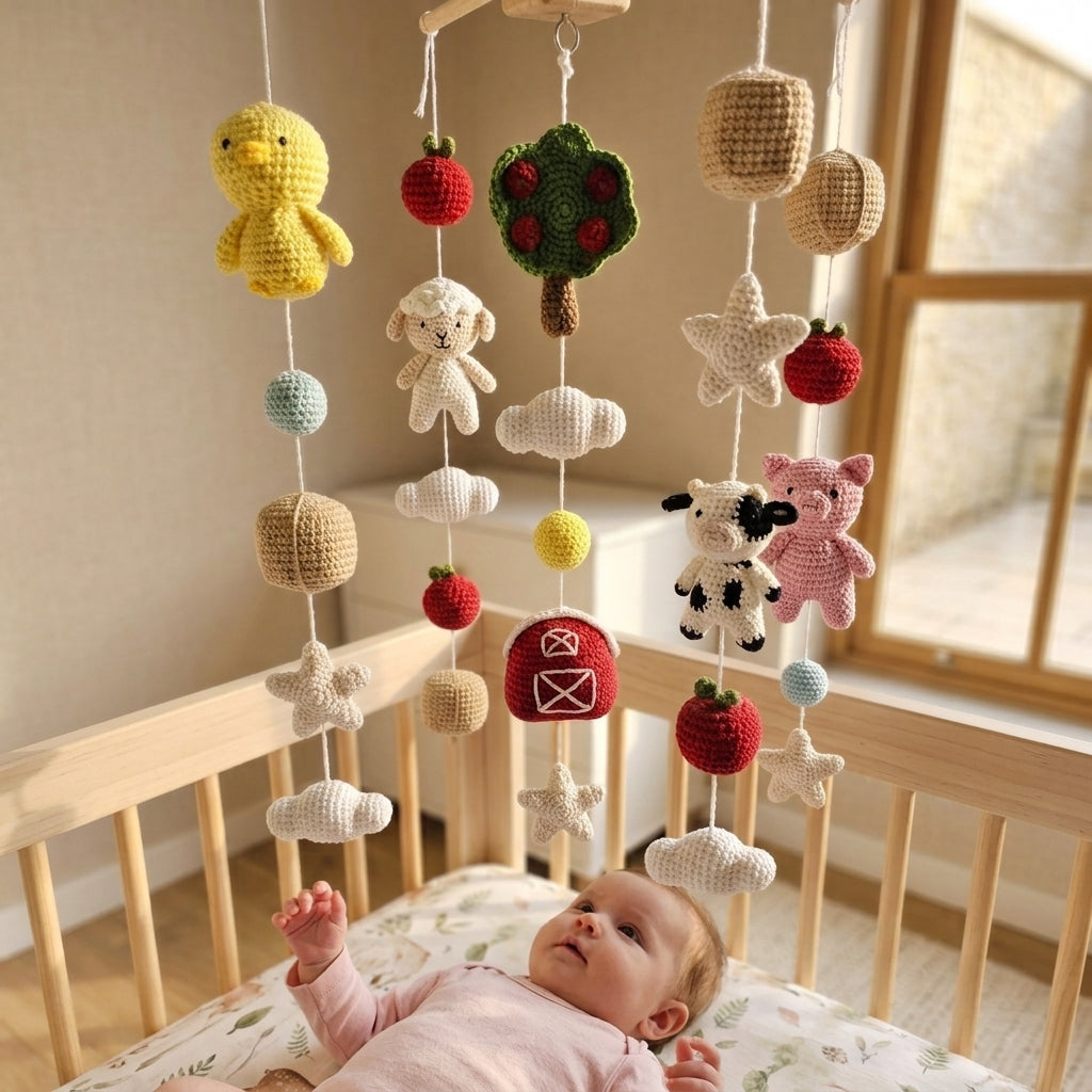 Crochet Farm Baby Mobile, Cow Pig Sheep Chick Nursery Decor, Red Barn Apple Tree Crib Mobile, Baby Shower Gift, Newborn Room Decor