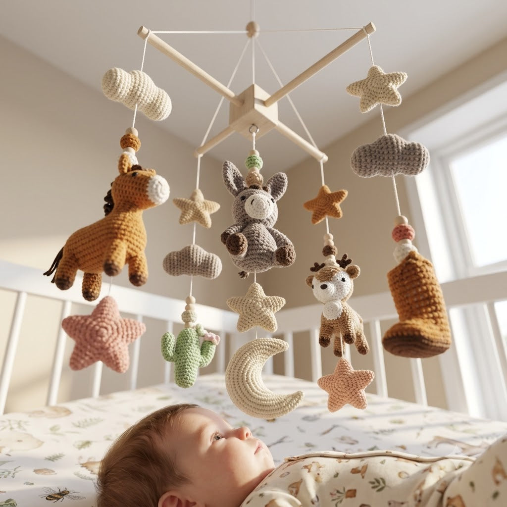 Western Cowboy Crochet Baby Mobile, Handmade Ranch Crib Hanging with Moon, Stars, Cactus and Boot  Tags: