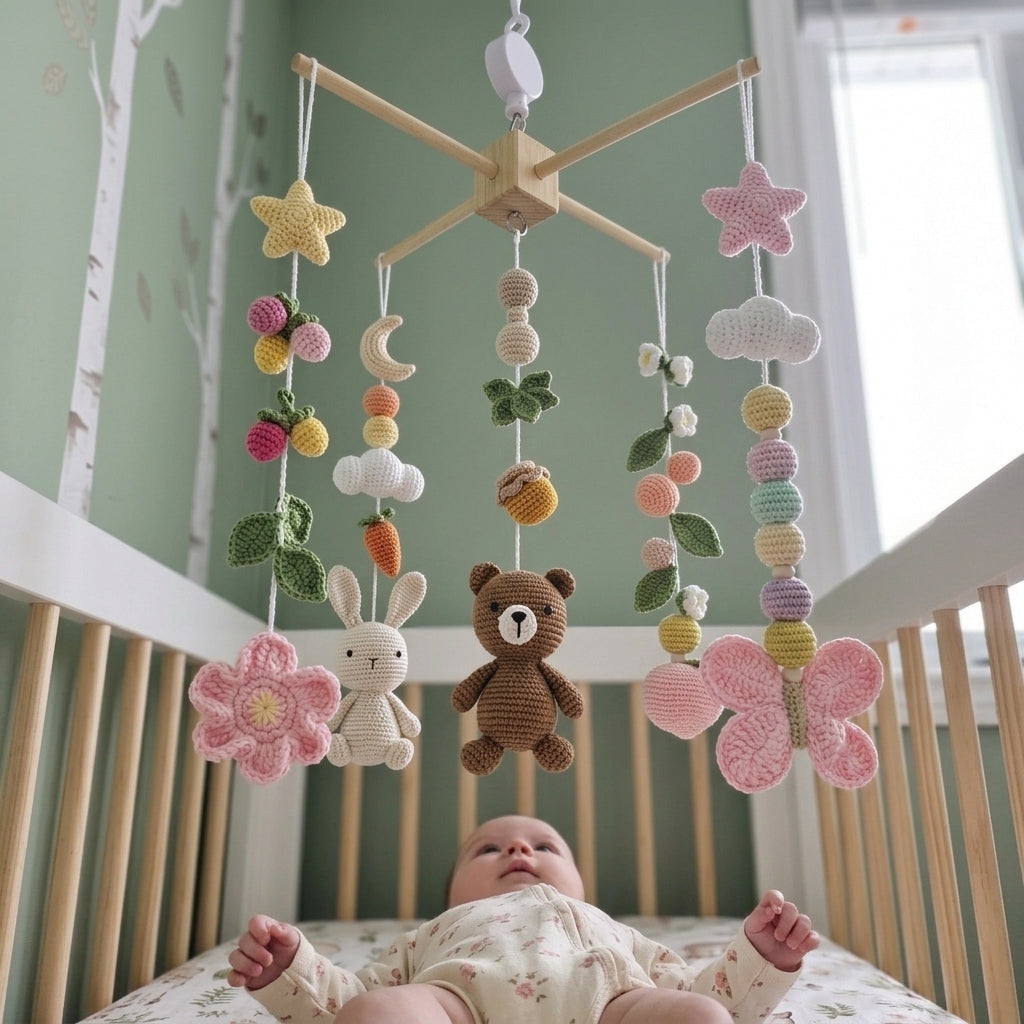 Garden Harvest Crochet Baby Mobile, Handmade Bunny and Bear Crib Hanging with Flowers, Fruit and Butterfly