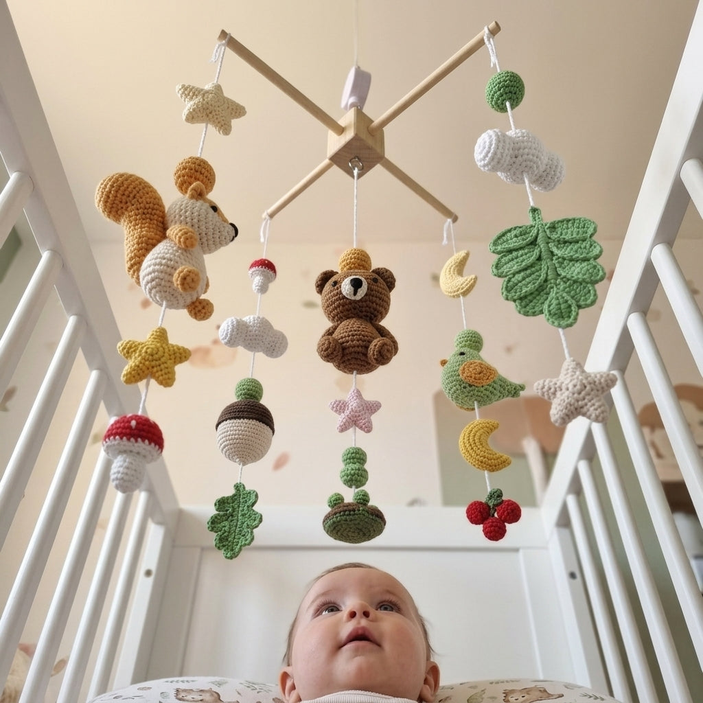 Acorn Grove Crochet Baby Mobile, Handmade Woodland Crib Hanging with Squirrel, Bear, Bird and Forest Leaves