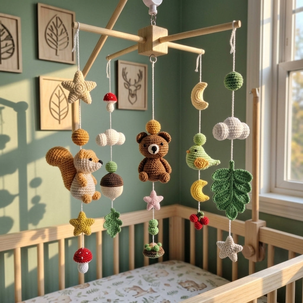 Acorn Grove Crochet Baby Mobile, Handmade Woodland Crib Hanging with Squirrel, Bear, Bird and Forest Leaves