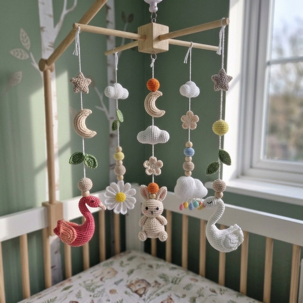 Garden Lake Crochet Baby Mobile, Handmade Swan and Flamingo Crib Hanging with Bunny, Butterflies and Flowers