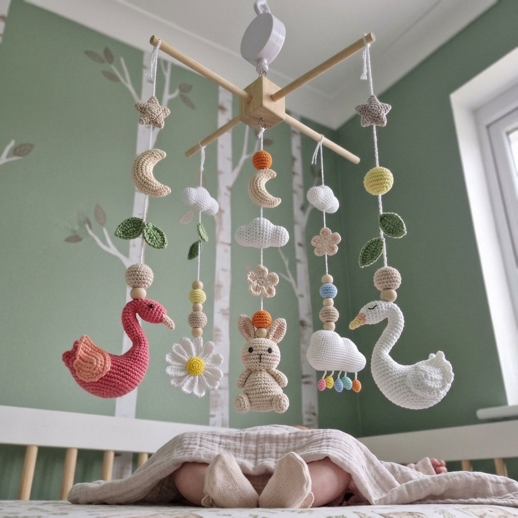 Garden Lake Crochet Baby Mobile, Handmade Swan and Flamingo Crib Hanging with Bunny, Butterflies and Flowers