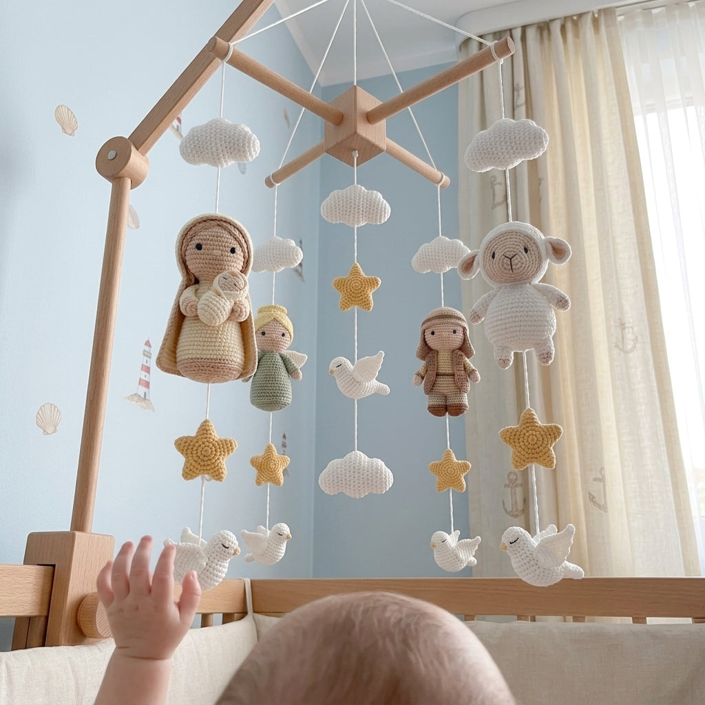 Handmade Crochet Nativity Baby Mobile – Christian Nursery Crib Decor