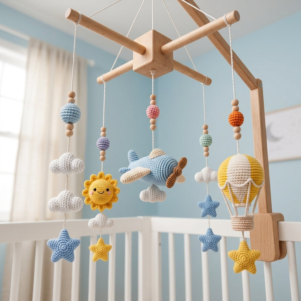 Handmade Crochet Airplane Baby Mobile – Hot Air Balloon Nursery Decor
