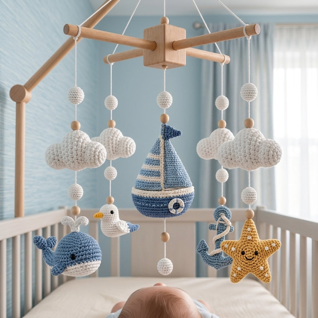 Handmade Crochet Nautical Baby Mobile – Whale, Sailboat and Ocean Nursery Decor