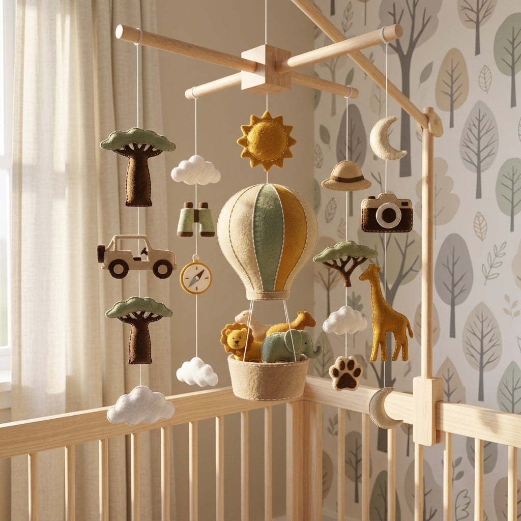 Handmade Felt Safari Hot Air Balloon Baby Mobile – Jungle Adventure Nursery Decor