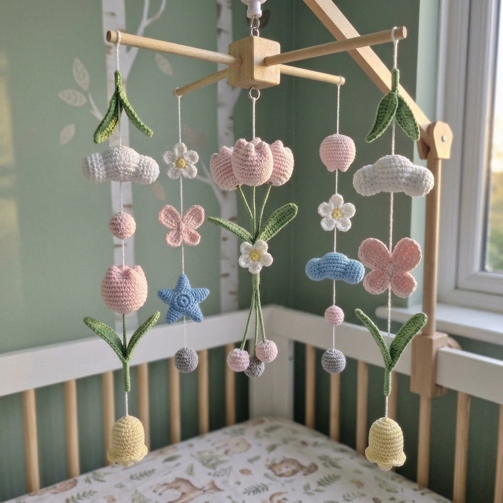 Spring Garden Crochet Crib Mobile, Handmade Floral Nursery Hanging with Tulips, Butterflies and Clouds