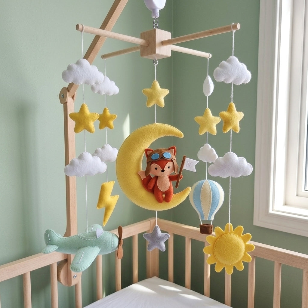 Aviator Fox Felt Baby Mobile, Moon and Stars Crib Mobile with Airplane & Hot Air Balloon, Adventure Nursery Decor