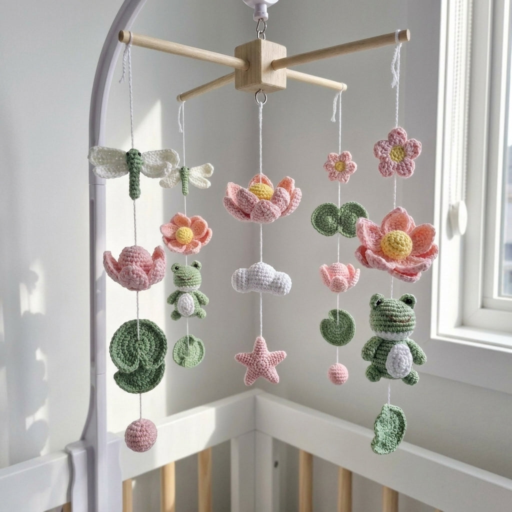 Lotus Garden Frog Crochet Baby Mobile, Handmade Pond Nursery Hanging with Dragonflies, Flowers and Lily Pads