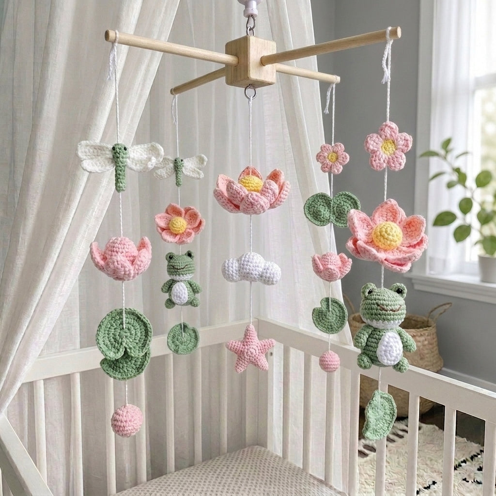 Lotus Garden Frog Crochet Baby Mobile, Handmade Pond Nursery Hanging with Dragonflies, Flowers and Lily Pads