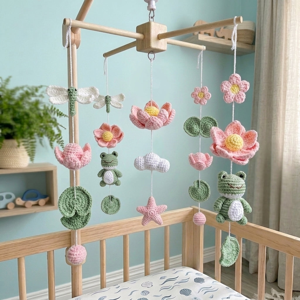 Lotus Garden Frog Crochet Baby Mobile, Handmade Pond Nursery Hanging with Dragonflies, Flowers and Lily Pads