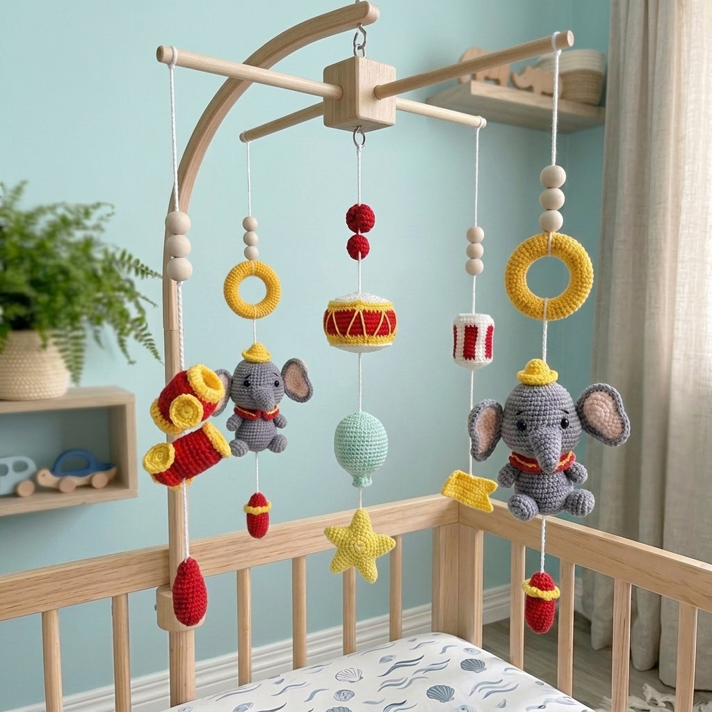 Musical Elephant Parade Crochet Baby Mobile, Handmade Crib Hanging with Drums, Horns and Stars, Playful Nursery Decor