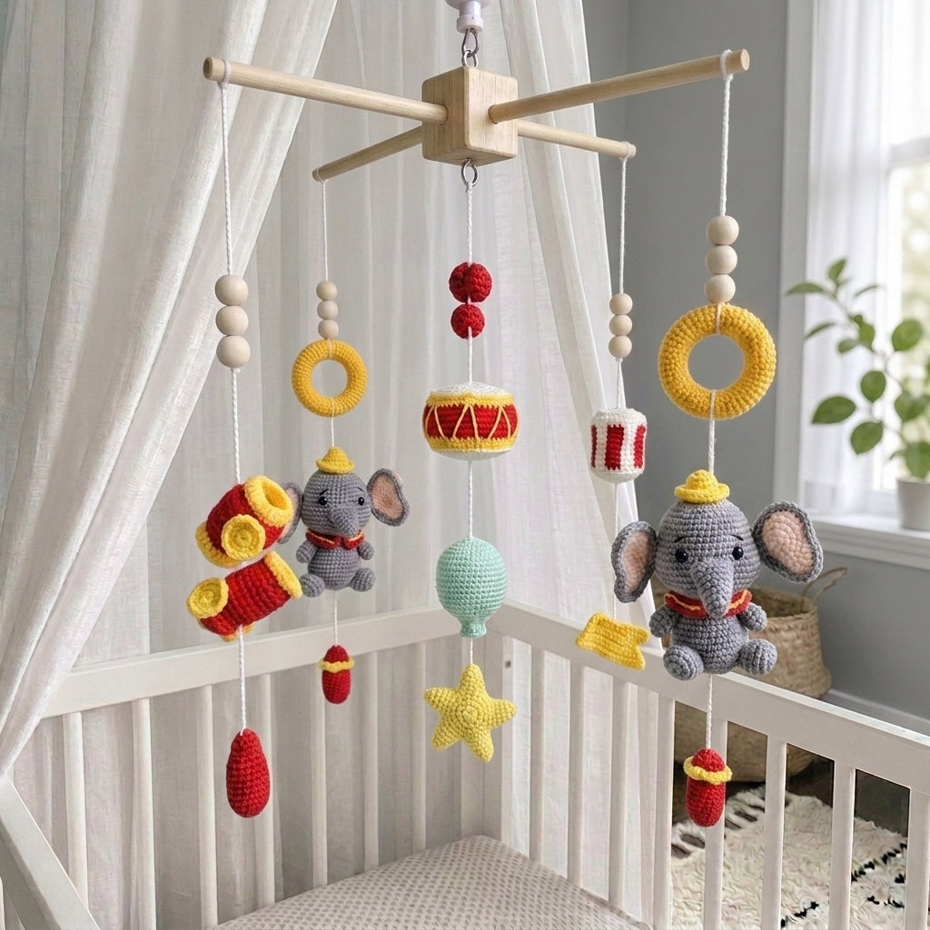 Musical Elephant Parade Crochet Baby Mobile, Handmade Crib Hanging with Drums, Horns and Stars, Playful Nursery Decor