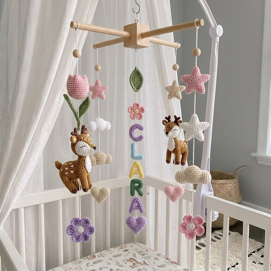 Personalized Deer Crochet Baby Mobile, Custom Name Nursery Hanging with Flowers, Hearts and Stars