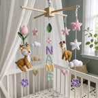 Personalized Deer Crochet Baby Mobile, Custom Name Nursery Hanging with Flowers, Hearts and Stars