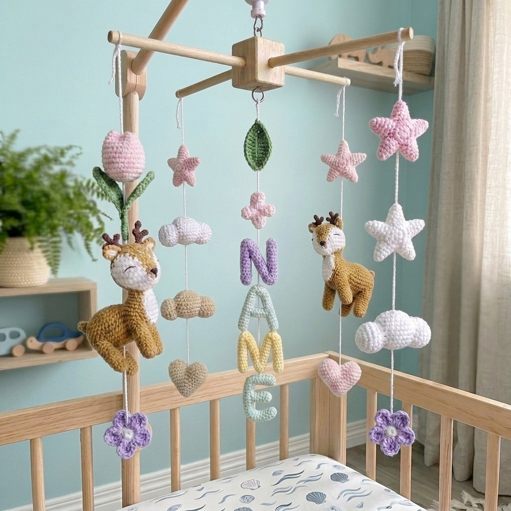Personalized Deer Crochet Baby Mobile, Custom Name Nursery Hanging with Flowers, Hearts and Stars