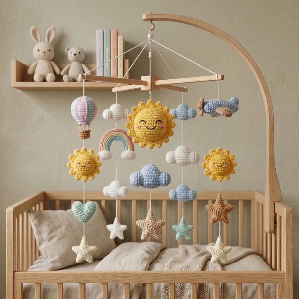 Handmade Sun & Rainbow Baby Mobile, Sky Theme Nursery Decor,