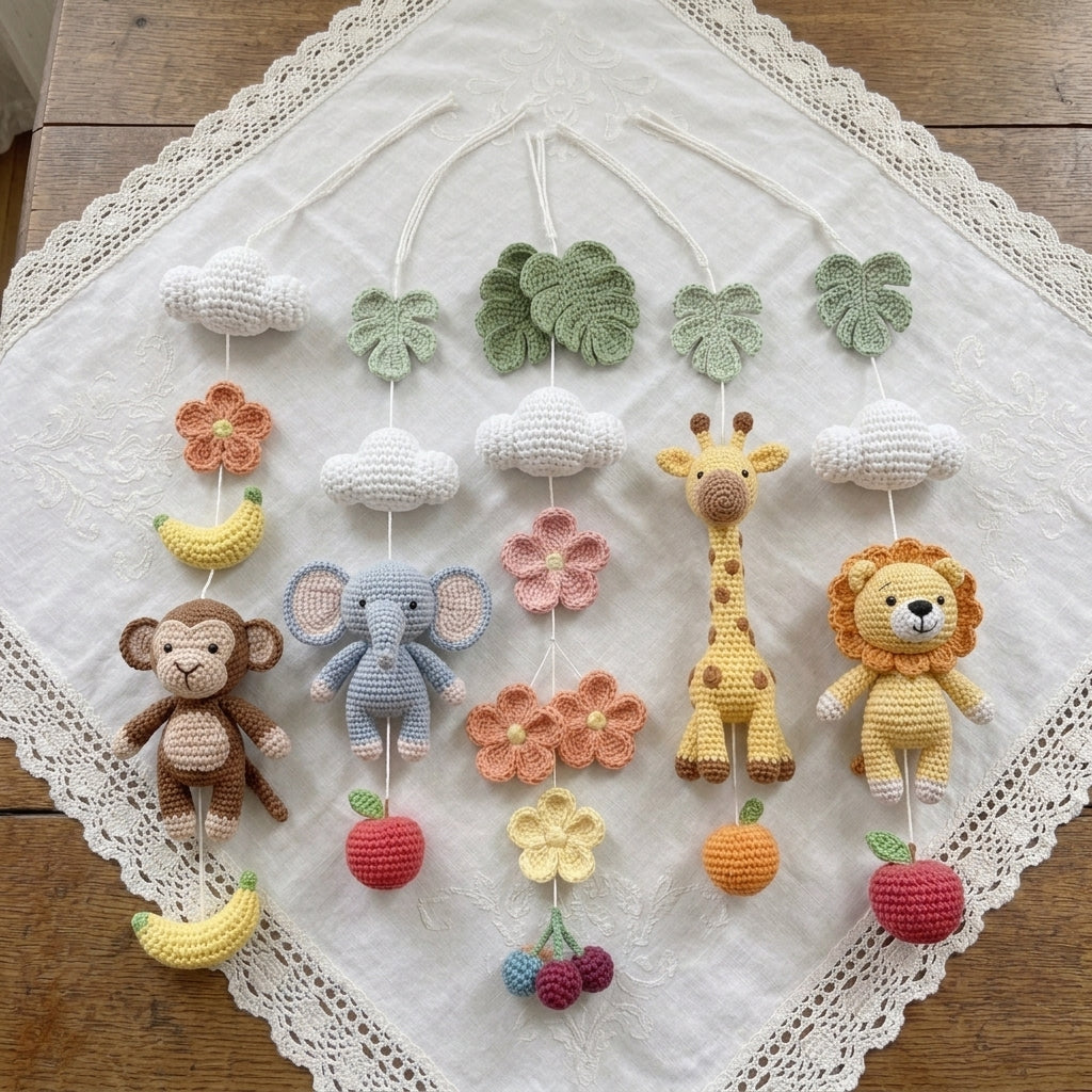 Handmade Safari Baby Mobile X Frame, Jungle Crib Mobile