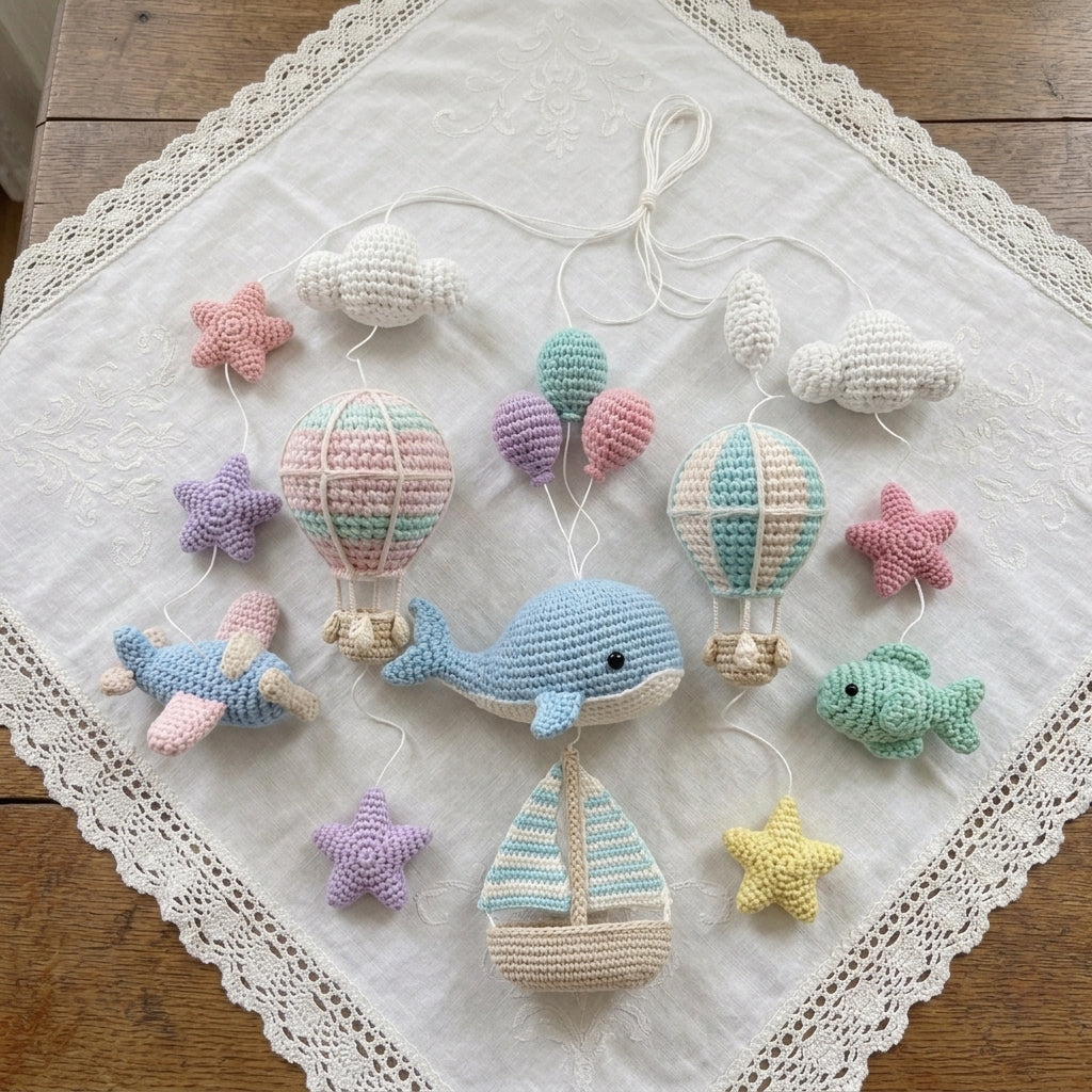 Ocean Whale Baby Mobile, Crochet Hot Air Balloon Airplane Crib Mobile