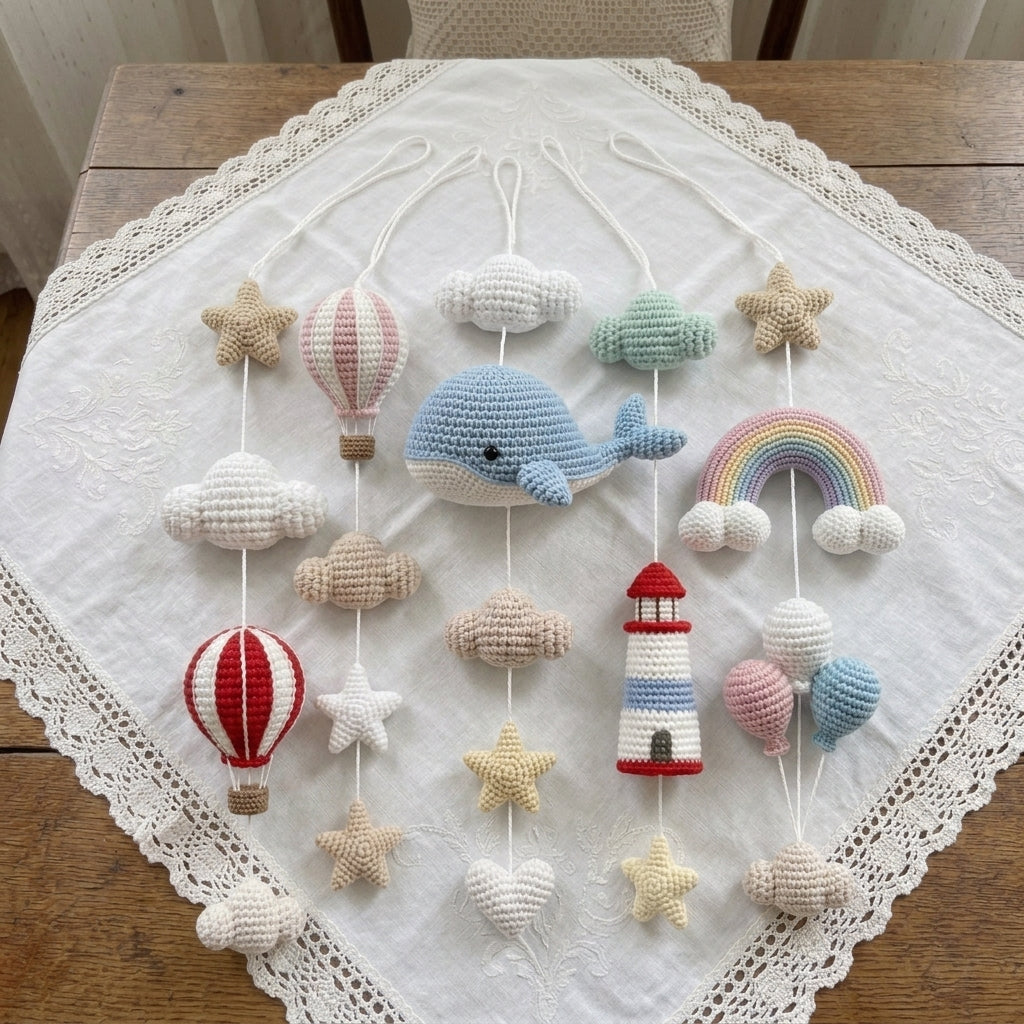Ocean Baby Mobile, Crochet Whale Rainbow Lighthouse Crib Mobile