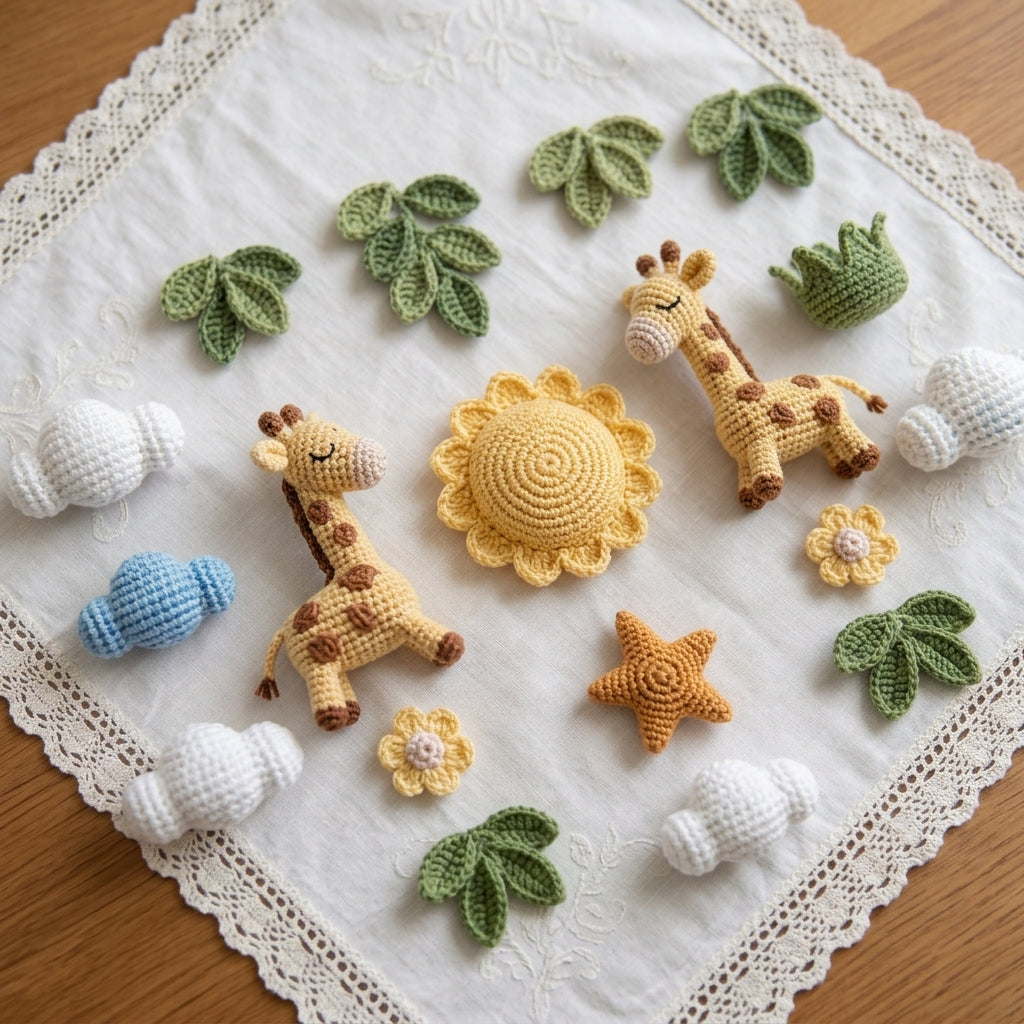 Giraffe Baby Mobile, Crochet Safari Crib Mobile with Sun Clouds Leaves