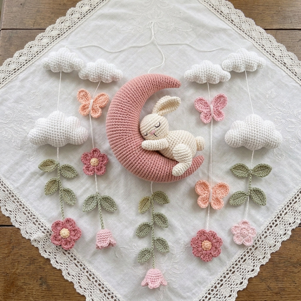 Handmade Crochet Bunny Moon Baby Mobile – Floral Nursery Decor