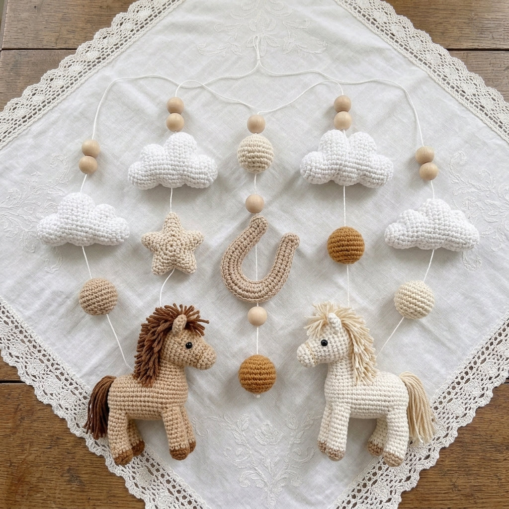 Handmade Crochet Horse Baby Mobile – Neutral Nursery Crib Decor