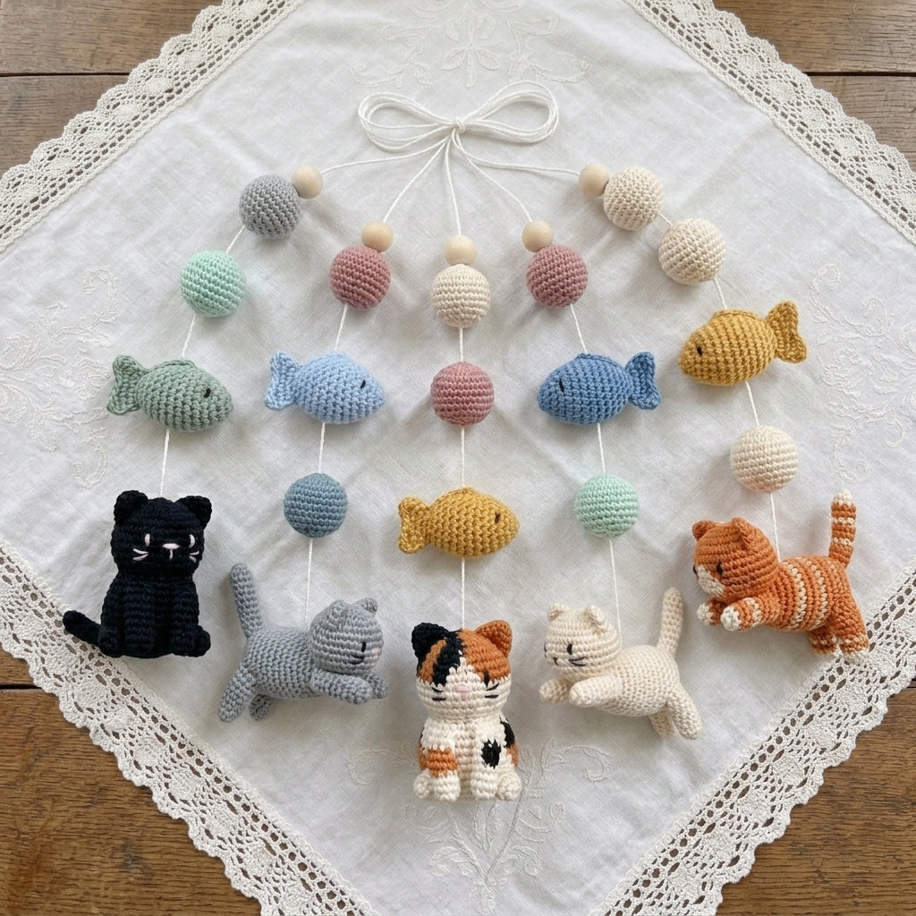 Handmade Crochet Cat Baby Mobile with Fish – Nursery Crib Decor