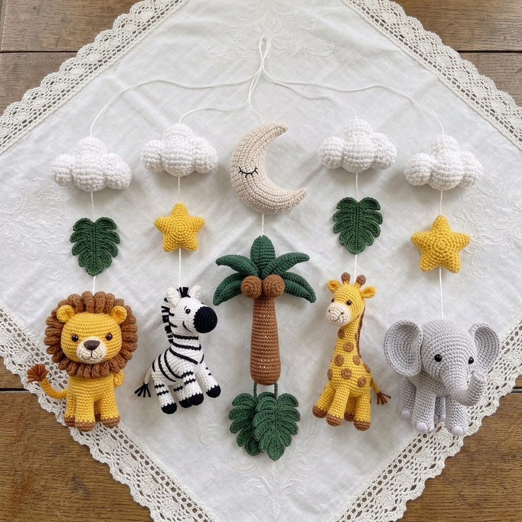 Handmade Crochet Safari Baby Mobile – Jungle Nursery Crib Decor