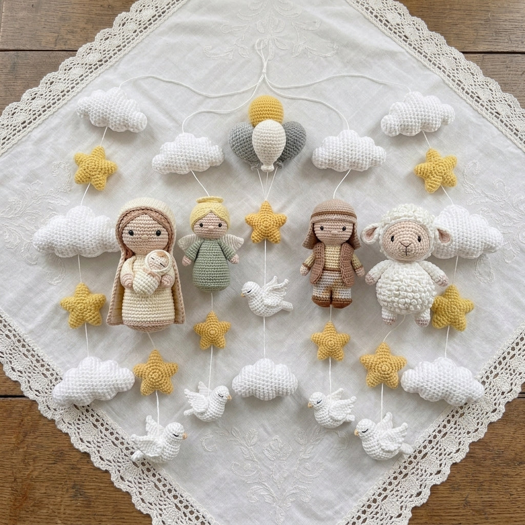 Handmade Crochet Nativity Baby Mobile – Christian Nursery Crib Decor