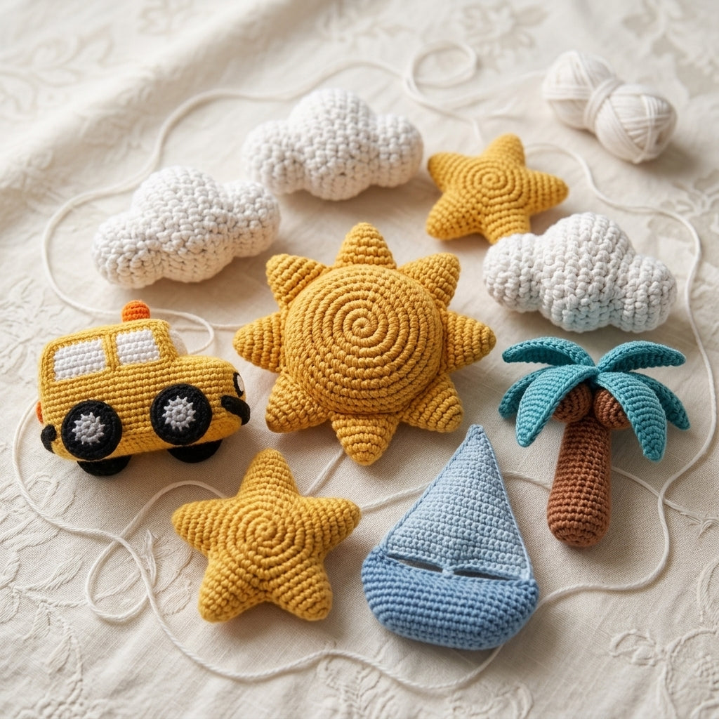Handmade Crochet Travel Baby Mobile – Car, Sailboat & Beach Nursery Decor