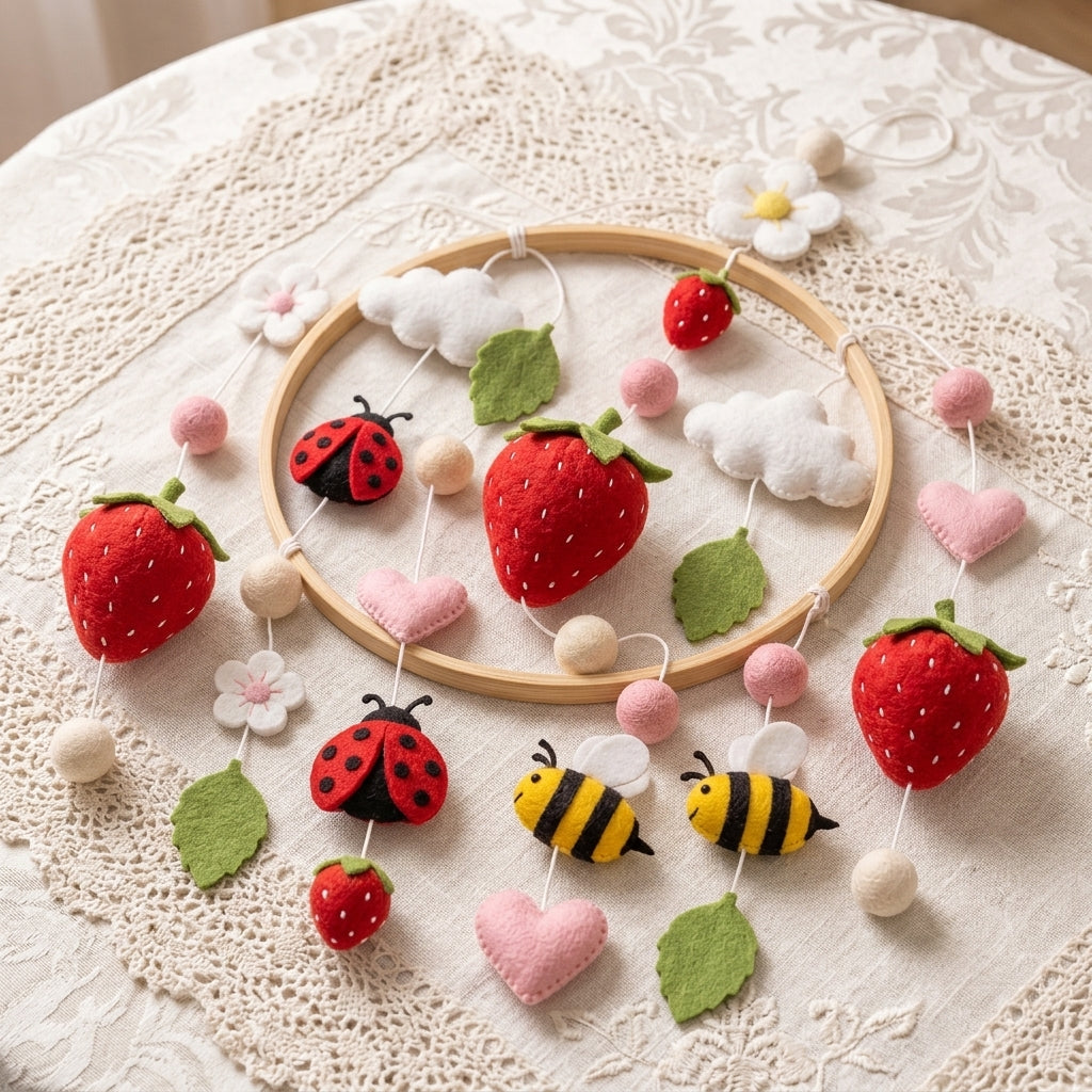 A handmade felt baby mobile or garland displayed on a round wooden hoop over a lace doily. The decoration includes red strawberries, pink hearts, white clouds and flowers, green leaves, ladybugs, bees, and small pom-poms.