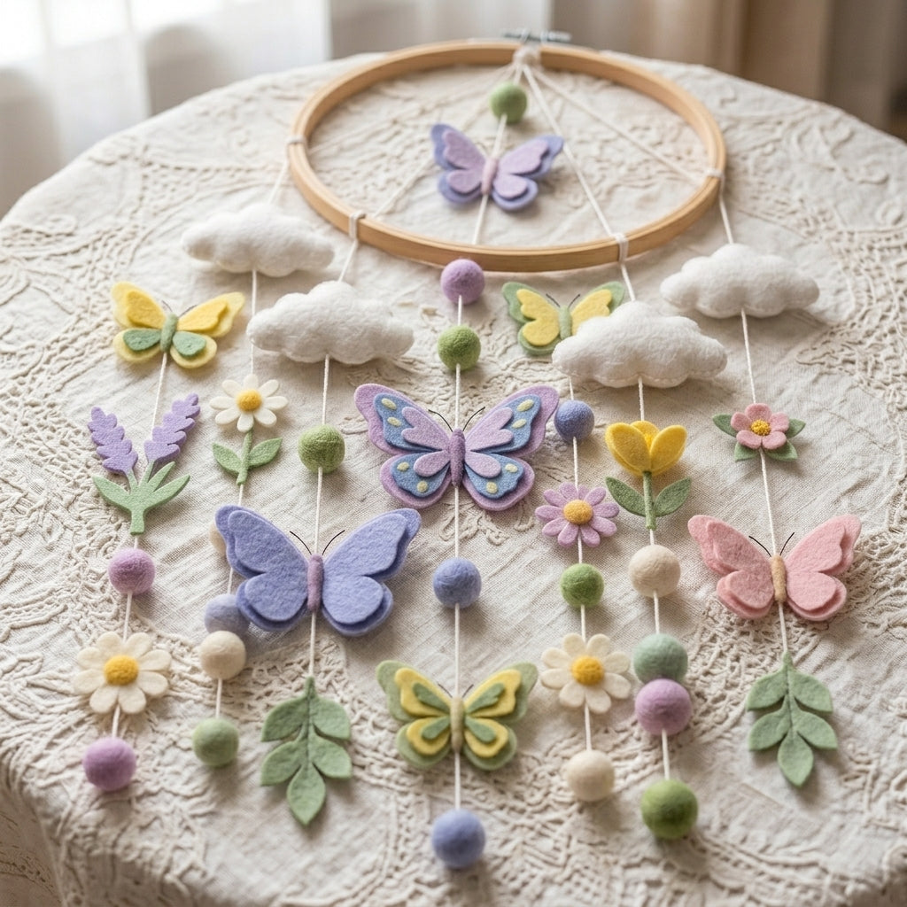 Handmade Felt Butterfly Baby Mobile – Floral Nursery Crib Decor