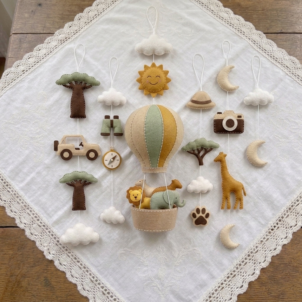 Handmade Felt Safari Hot Air Balloon Baby Mobile – Jungle Adventure Nursery Decor