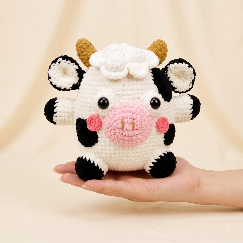 A cute crocheted cow plush toy being held in a person's hand against a soft beige fabric backdrop. The plush has a white body, black patches, a pink snout and cheeks, small tan horns, and a fluffy white mane.